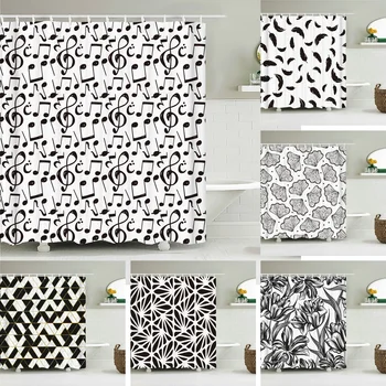 3D индивидуальность из черно-белой ткани с принтом, занавески для душа, Геометрические цветочные листья, занавеска для ванной, Водонепроницаемый декор для дома