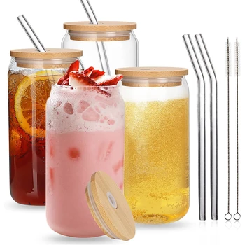 4 Комплекта стеклянных стаканчиков для колы, баночных стаканчиков с бамбуковой крышкой и соломинками, Многоразовый стакан для питья, Пивные банки, стаканы для кофе и молока