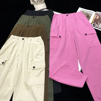[YOZOU] Роскошные эстетичные хлопковые мешковатые розовые брюки-карго оверсайз с карманами, танцевальные широкие брюки Y2k Streetwear в корейском стиле