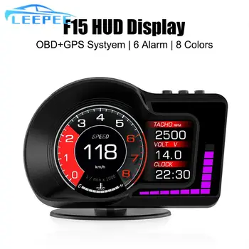 Автомобильный головной дисплей F15 6 функций сигнализации HUD Ускоренный тестовый спидометр OBD GPS Двухсистемный датчик оборотов Электронные аксессуары