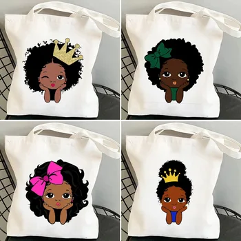 Африканская принцесса, Пышная Черная девушка, Милая прическа С короной, Королева, мультяшный персонаж, Женская холщовая сумка для покупок через плечо