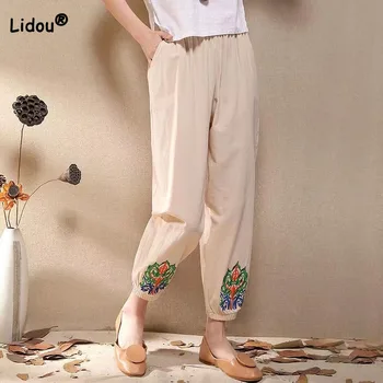 Винтажные однотонные женские укороченные брюки с вышивкой, летние шаровары в народном стиле с эластичной резинкой на талии, повседневная женская одежда