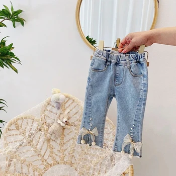 Детские штаны для девочек 2023, весенне-осенние джинсы, детские Корейские свободные джинсы, расклешенные брюки для маленьких девочек