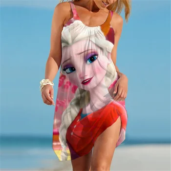 Женская пляжная накидка Disney 2023, Летнее сексуальное платье Макси без рукавов Frozen Elsa с круглым вырезом и открытой спиной, женское платье Миди для клубной вечеринки