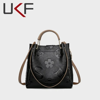 Женская сумка UKF с модным тиснением, качественная искусственная сумка-тоут большой емкости, ретро-сумка-ведро для женщин, повседневные сумки через плечо для женщин