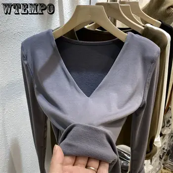 Женская футболка с V образным вырезом, тонкое термобелье с длинным рукавом, Модный осенне-зимний однотонный Винтажный Элегантный повседневный топ