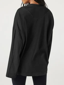 Женские футболки с круглым вырезом, однотонные топы оверсайз с длинным рукавом, блузки с открытыми плечами, Однотонные топы Оверсайз