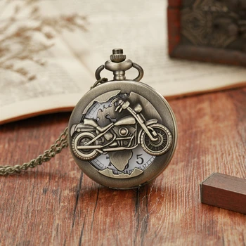 Карманные часы с мотоциклетным рисунком 2023, мужские и женские модные кварцевые часы, карманные часы из сплава бронзового дизайна с цепочкой-ожерельем
