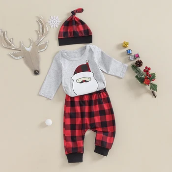 Комплект Рождественской одежды для новорожденных мальчиков и девочек, Толстовка с длинным рукавом, Ползунки, Длинные брюки, Шляпа, Красные, черные наряды в клетку