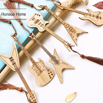 Креативные гитарные закладки из натурального бамбука с кисточками в стиле бас-гитары, Закладки для музыкальных инструментов, Студенческие канцелярские принадлежности