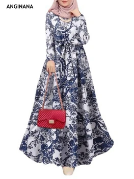 Летнее женское платье большого размера 6xl 110 кг, большие размеры 3xl 5XL, круглый вырез, длинный рукав, Свободное богемное бело-голубое платье