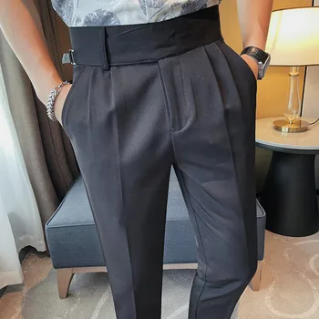 Летние мужские костюмные брюки с высокой талией 2023, приталенные деловые повседневные брюки длиной до щиколоток, офисные социальные брюки, мужская одежда