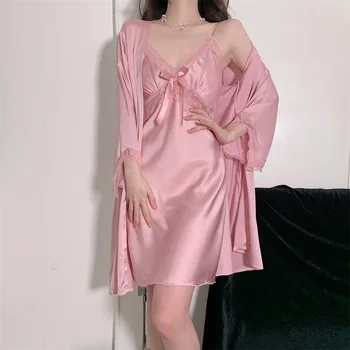 Летняя Женская пижама Халат Сексуальный Кружевной Розовый Свадебный халат Ночная рубашка на бретельках Повседневная Домашняя одежда из вискозы Одежда для отдыха