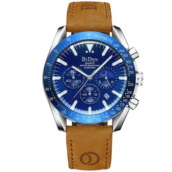 Модные синие спортивные повседневные мужские часы из натуральной кожи, водонепроницаемые часы с хронографом для мужчин, лучший бренд класса люкс, военные часы