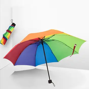 Модный радужный зонт, трехстворчатый зонт с длинной ручкой, автоматический ветрозащитный складной прямой зонт
