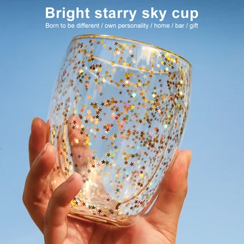 Нагреваемая двухслойная прозрачная утолщенная стеклянная чашка с искрящимся звездным небом - 350 мл