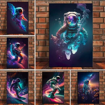 Неоновый панк-поп-арт, плакат с космическим астронавтом, эстетическая живопись на холсте, настенные рисунки для домашнего декора для гостиной для мальчиков