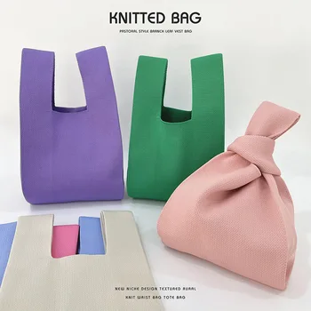 Нишевый дизайн Карамельный цвет Простая вязаная сумочка Минималистичная Женская мини-сумка на запястье с узлом Японская сумка-тоут Повседневные сумки для покупок