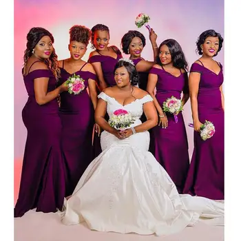Новые Элегантные Фиолетовые атласные платья для свадебной вечеринки, Длинное Африканское платье Русалки с открытыми плечами Большого размера, платье Невесты