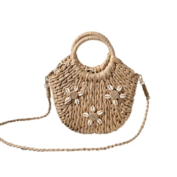 Полукруглая плетеная сумка из искусственной соломы ручной работы, Женские сумки через плечо, маленькая пляжная сумочка кофейного цвета для девочек