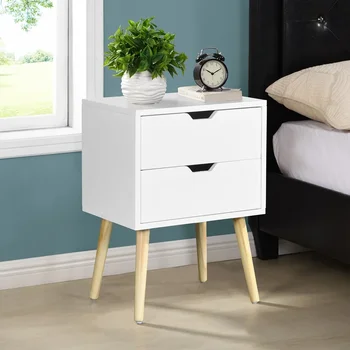 Приставной столик с 2 ящиками и ножками из каучукового дерева, современный шкаф для хранения мебели для спальни и гостиной, белый