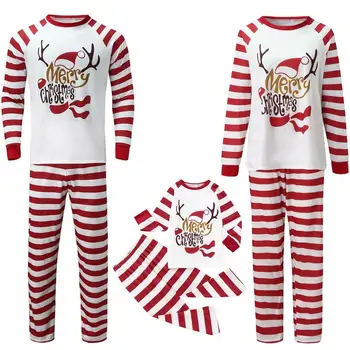 Рождественский пижамный комплект для родителей и детей, рождественский топ с длинными рукавами и принтом Лося, брюки в белую и красную полоску, одинаковые комплекты для семьи