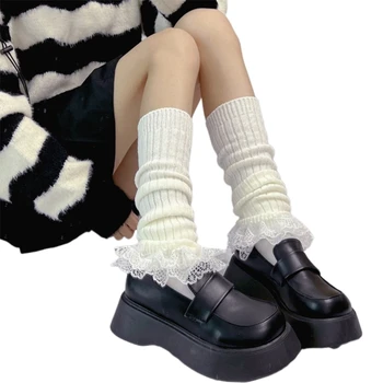 Трикотажные гетры в рубчик, длинные носки для японских женщин и девочек, Многоуровневый кружевной подол с оборками, манжеты для ботинок, чехлы для ног, чулки