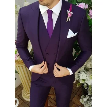 Фиолетовый мужской костюм из 3 предметов, однобортный смокинг на пуговицах, вырез на лацкане, свадебный костюм жениха, повседневный мужской блейзер, костюм Homme