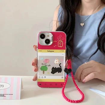 Чехол-цепочка Cute Cat Flower Love в корейском стиле для iPhone 14Pro 12ProMax 13 Pro Max 11 с мягким ремешком IMD на задней крышке